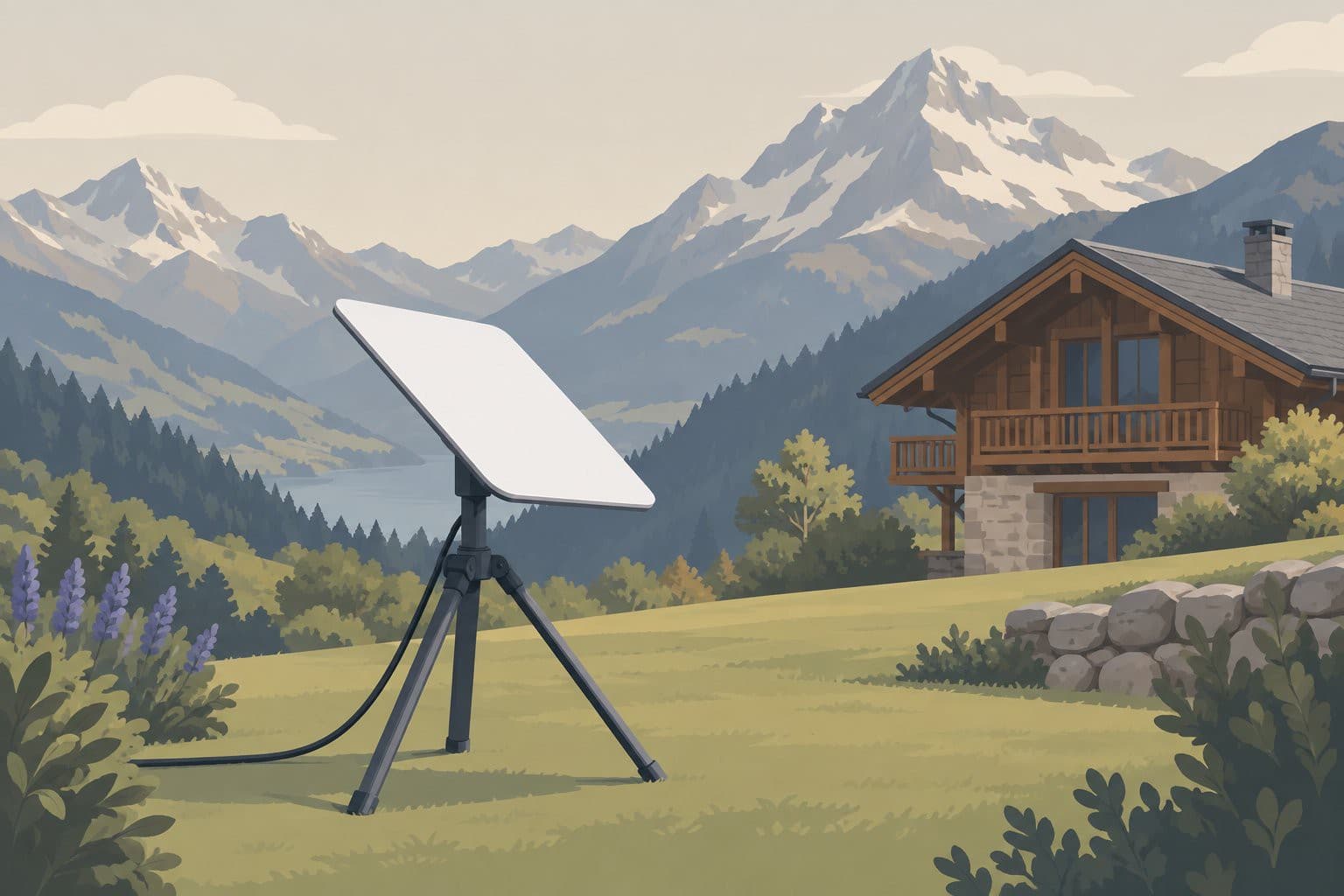 Antenne satellite blanche sur trépied devant un chalet en montagne.