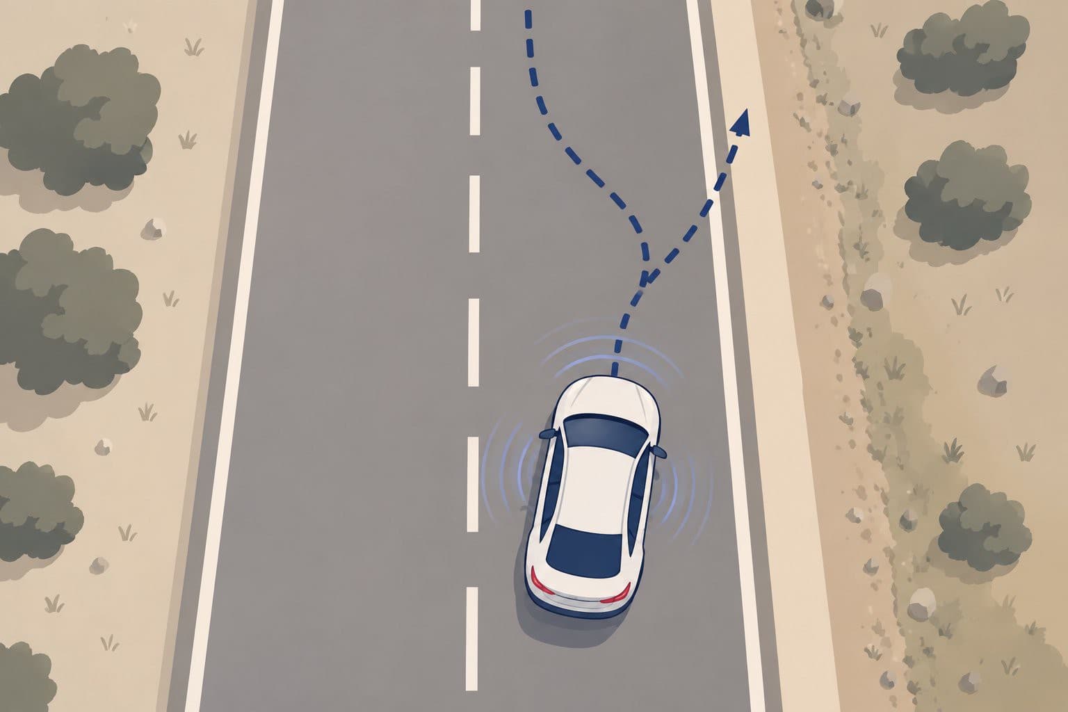 Voiture autonome vue de haut, trajectoire en pointillés déviant hors de sa voie.