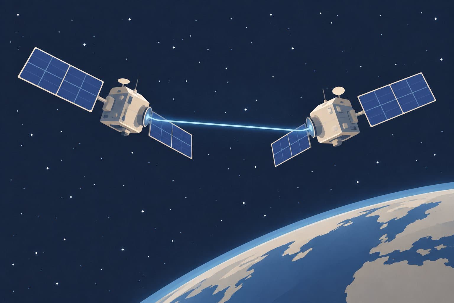 Deux satellites reliés par un faisceau lumineux dans l'espace étoilé.