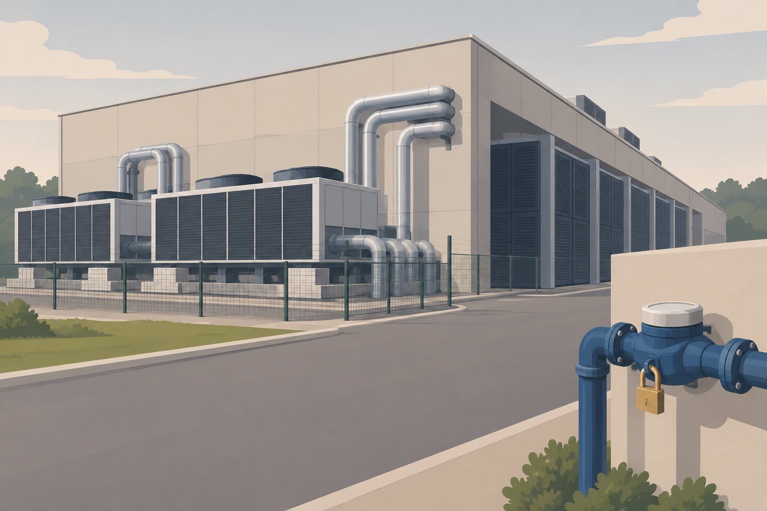 Hangar de datacenter avec tuyaux de climatisation et compteur d'eau cadenassé.