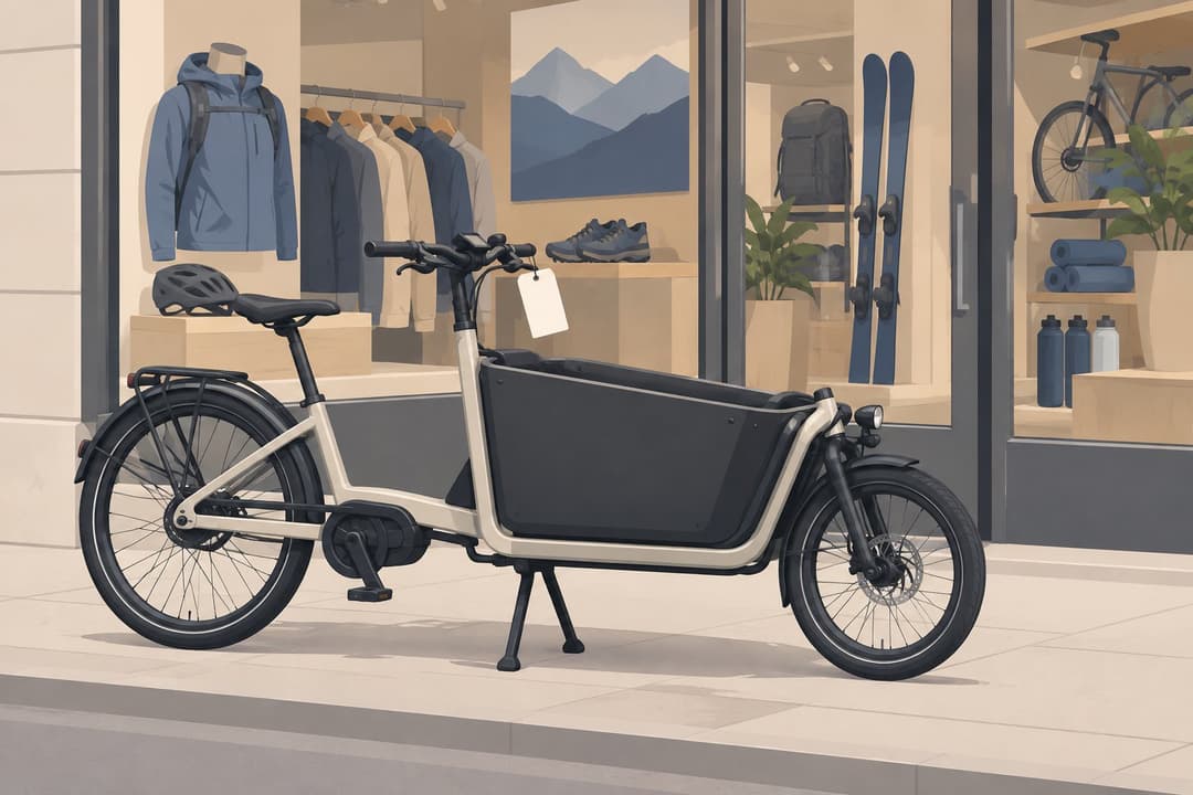 Vélo électrique en vitrine de magasin, étiquette de prix vierge au guidon.
