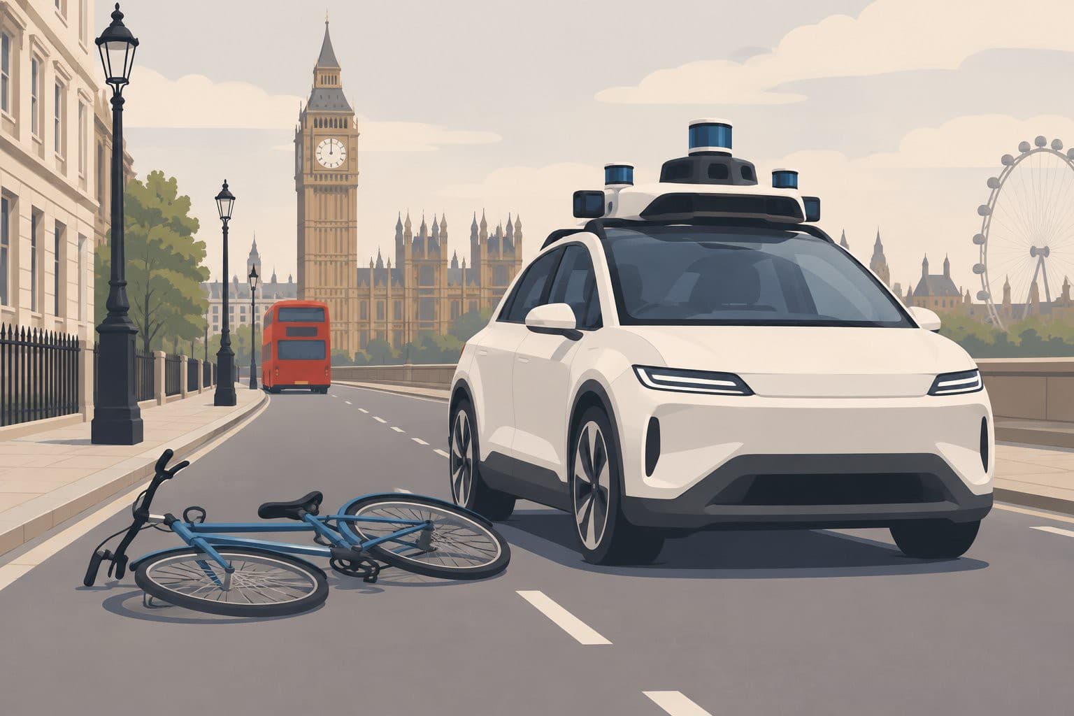 Rue de Londres, vélo à terre près d'une voiture autonome à capteurs sur le toit.