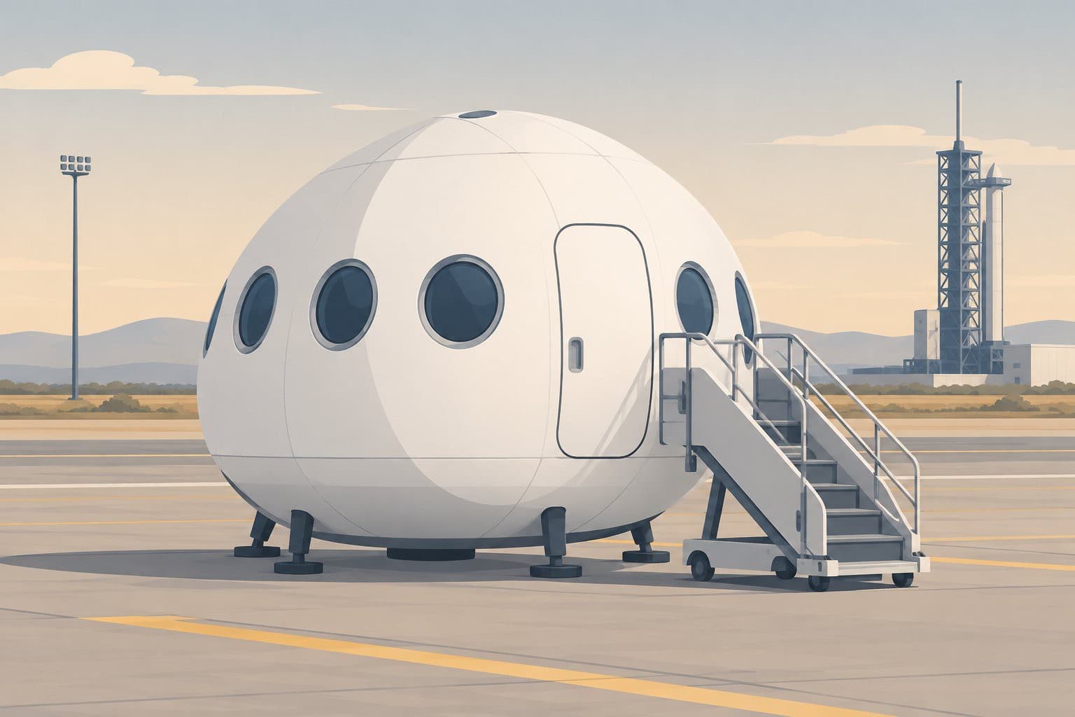 Capsule spatiale blanche ovale sur un tarmac, hublots ronds, escalier d'accès replié.