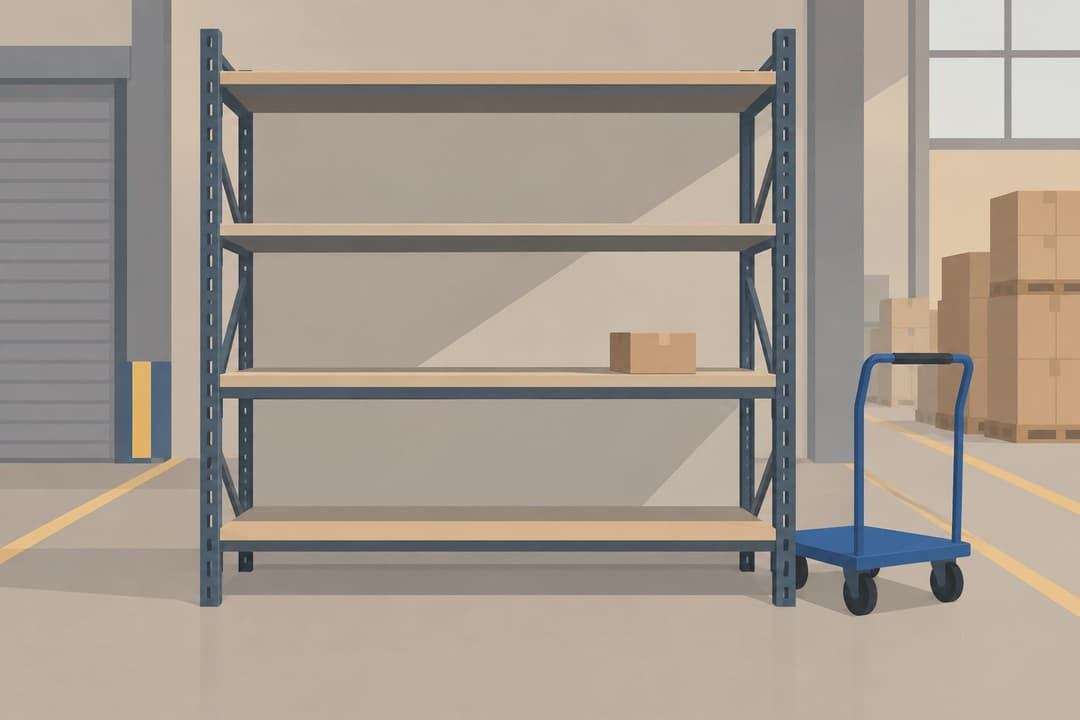 Entrepôt avec étagère presque vide, une seule boîte restante, chariot à roulettes.