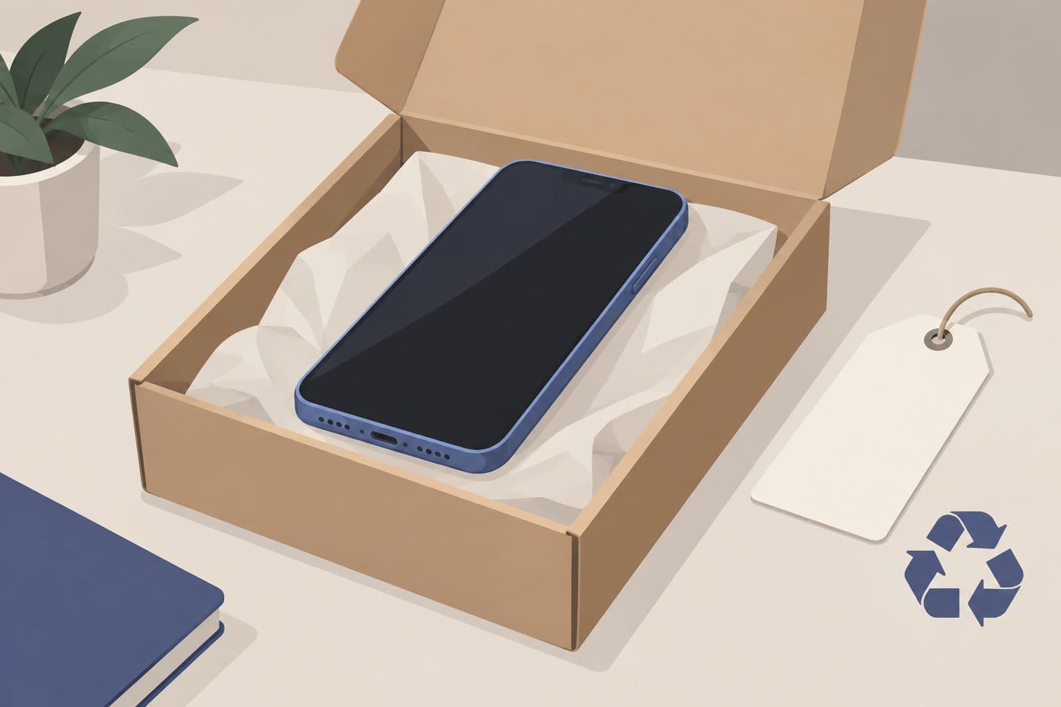 Smartphone reconditionne sur un carton de livraison ouvert, etiquette de prix vierge a cote.
