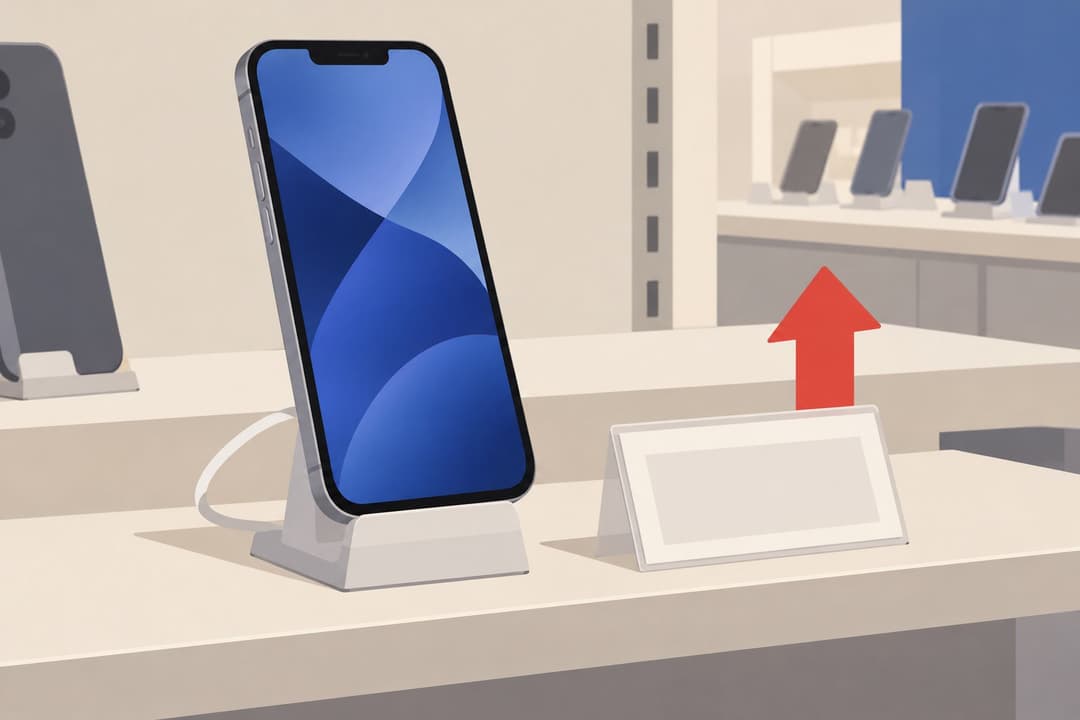 Un smartphone en vitrine avec une étiquette de prix vierge et une flèche montante.