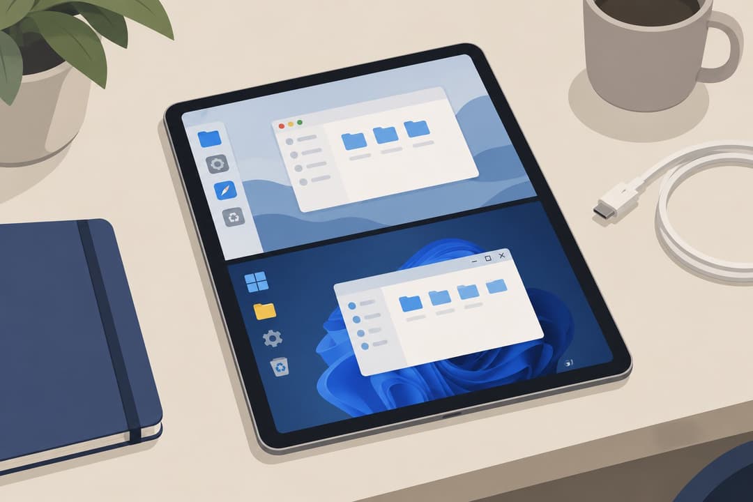 Un iPad sur un bureau avec un écran divisé en deux fenêtres superposées.