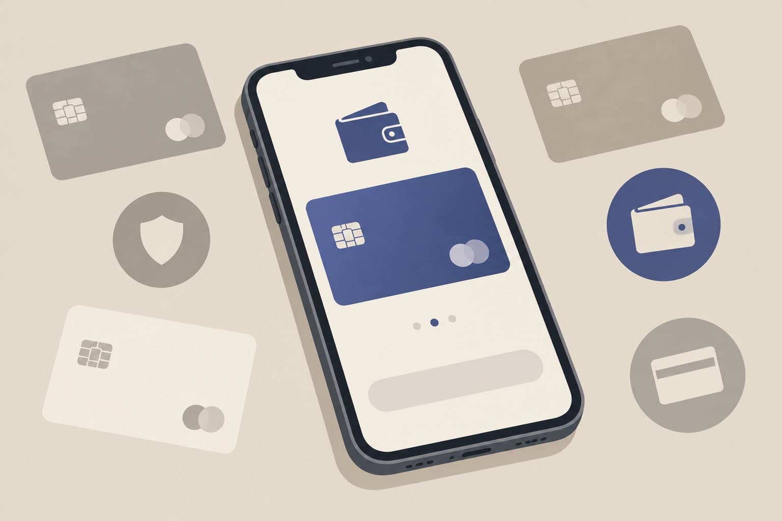 Smartphone affichant une carte bancaire vierge dans une application de portefeuille numérique.