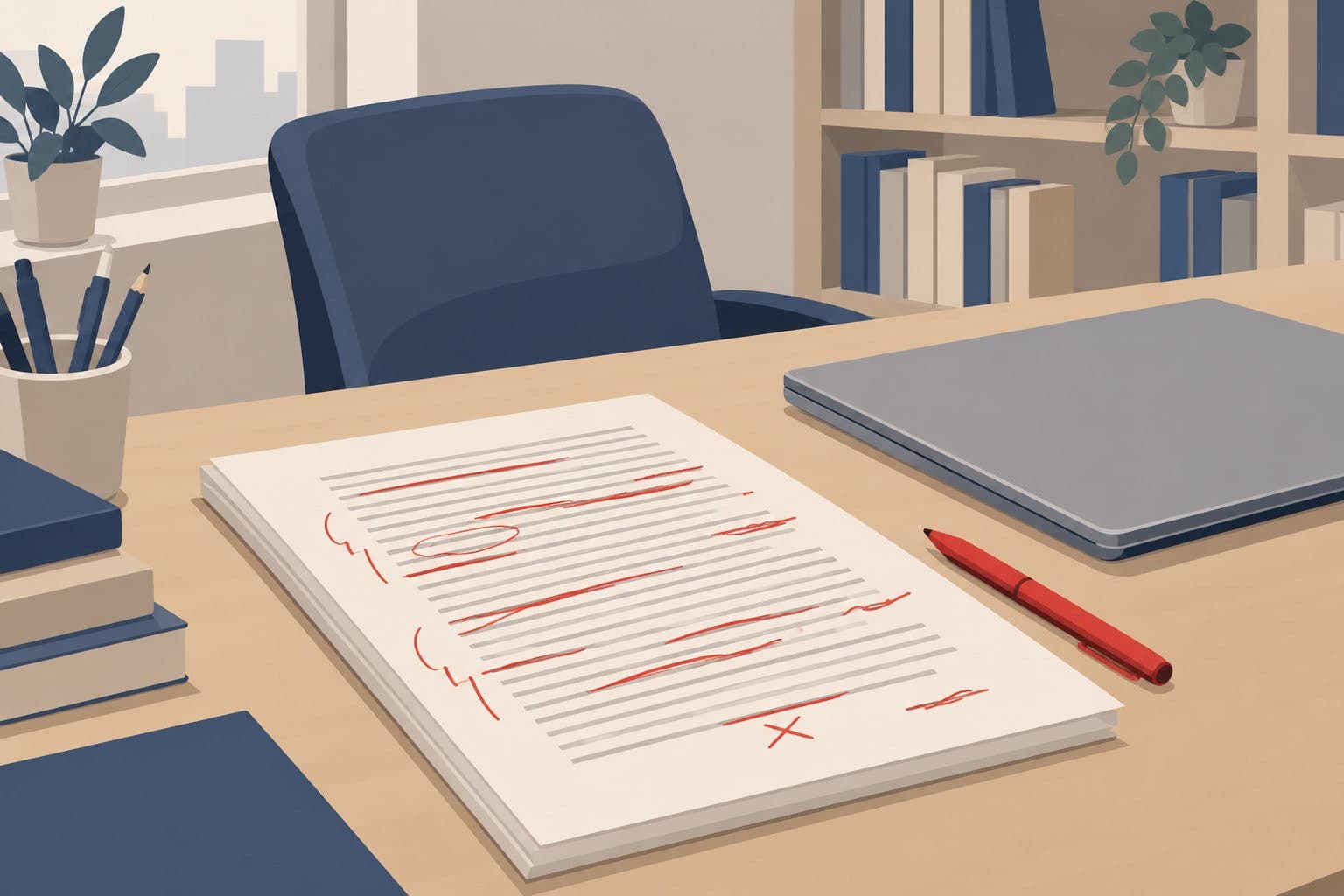 Manuscrit aux lignes barrées en rouge posé près d'un ordinateur portable fermé.
