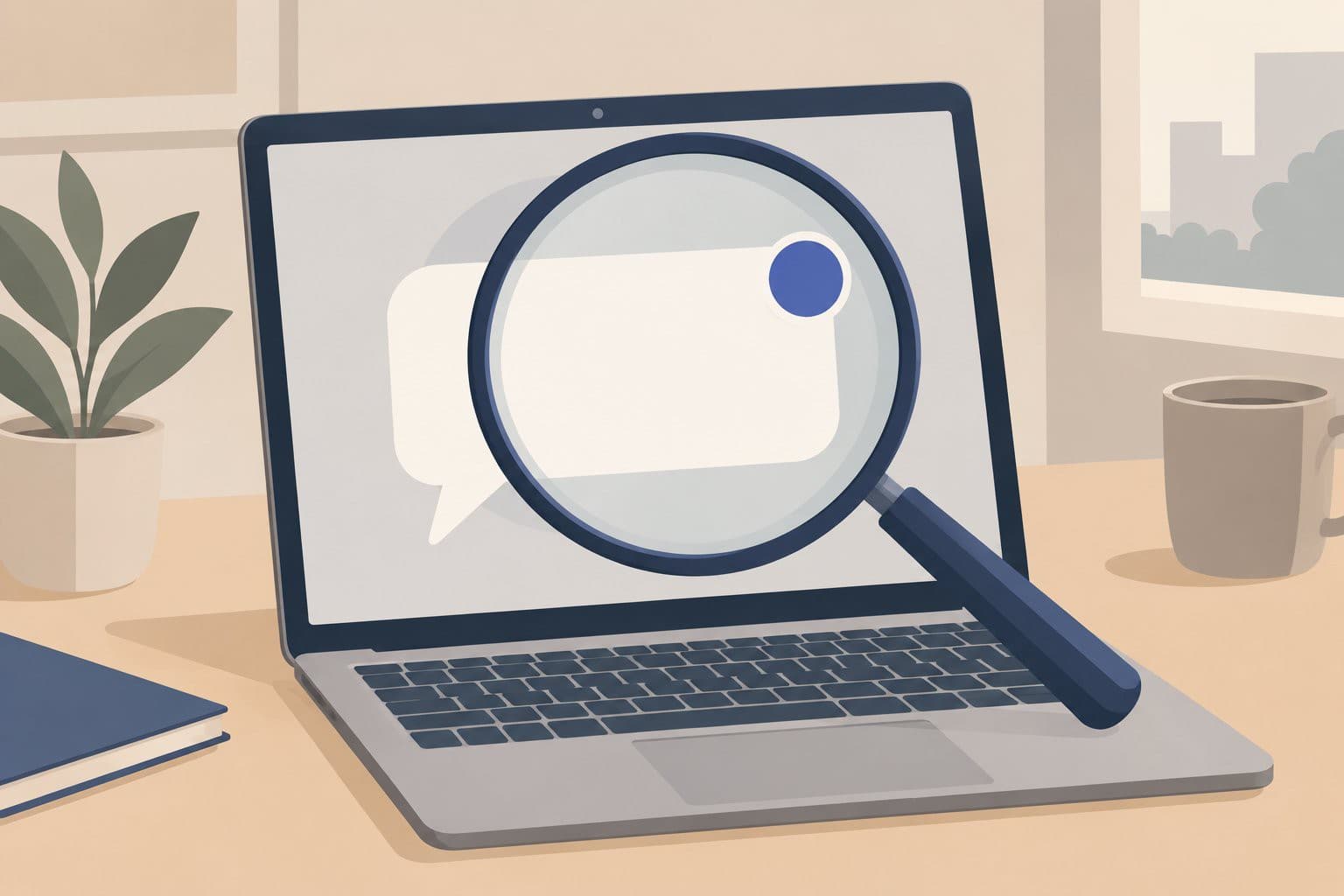 Un ordinateur portable avec une bulle de discussion vide sous une loupe.
