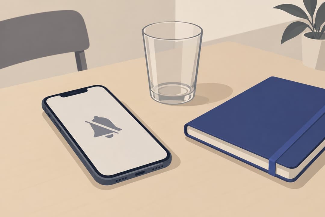 Téléphone avec icône de notification grisée, près d'un cahier fermé.