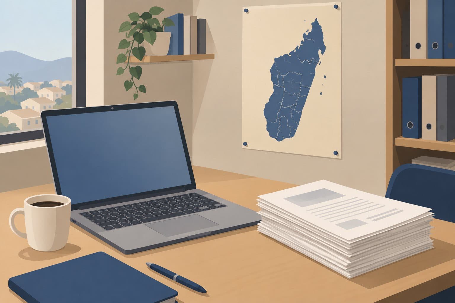 Bureau avec ordinateur, carte de Madagascar au mur, tasse et feuilles imprimées.