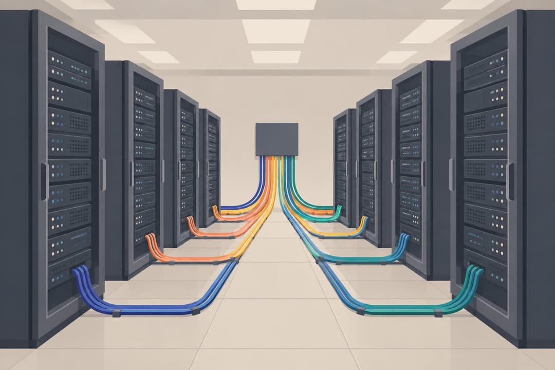 Couloir de serveurs informatiques reliés par des câbles colorés vers un point commun.