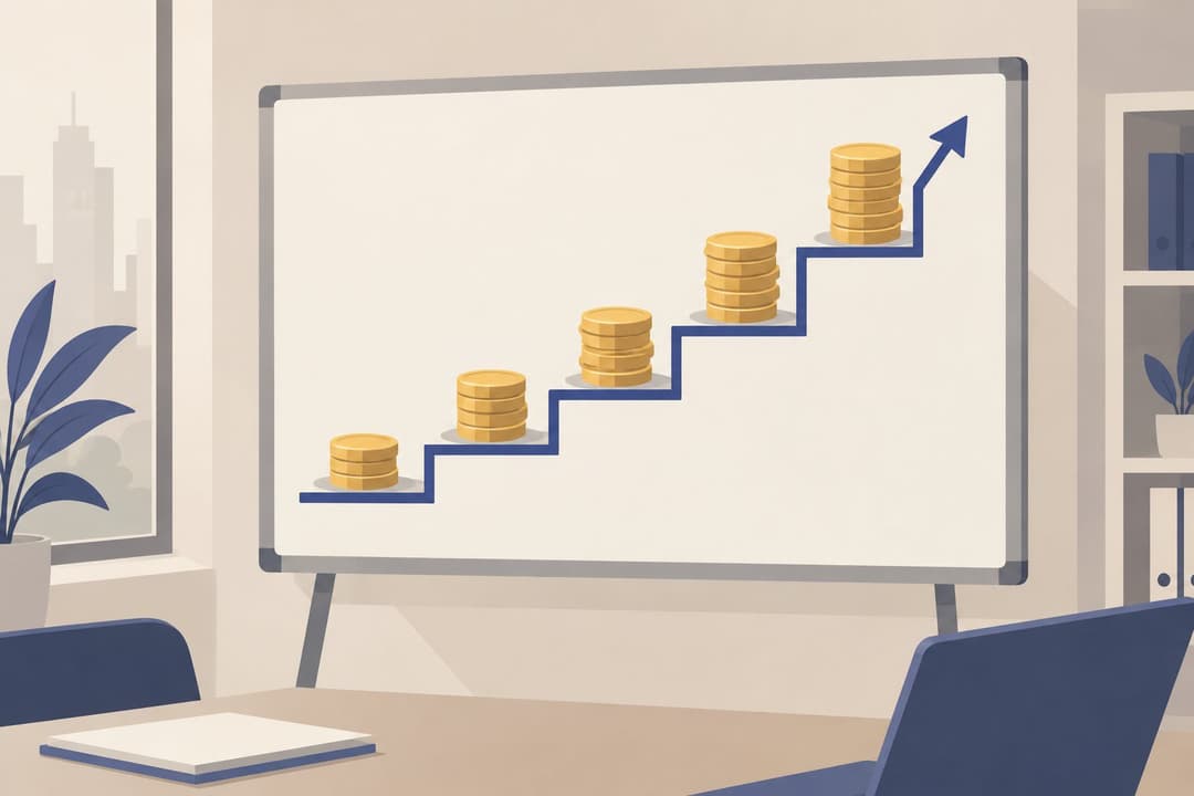 Graphique en escalier sur tableau blanc, pièces de monnaie empilées sur chaque marche montante.