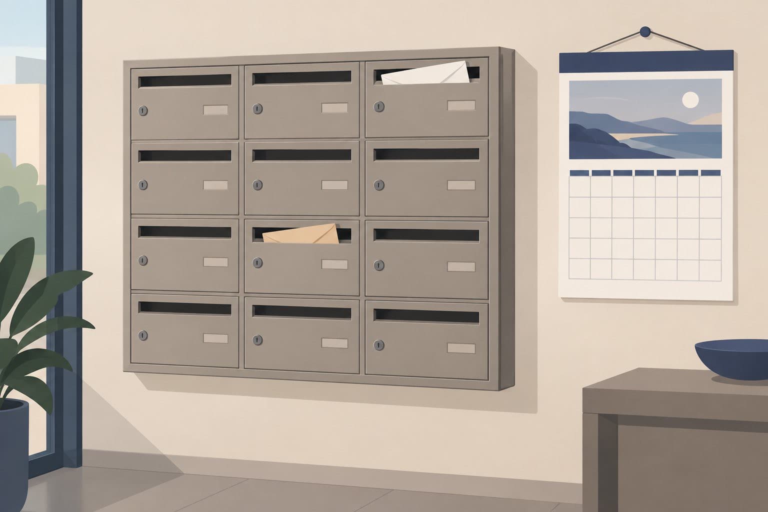 Casier postal mural, deux enveloppes dans une fente, calendrier mensuel à côté.