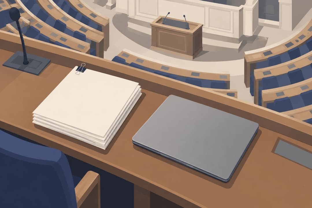 Pupitre d'hémicycle vide avec des feuillets empilés et un ordinateur portable fermé.
