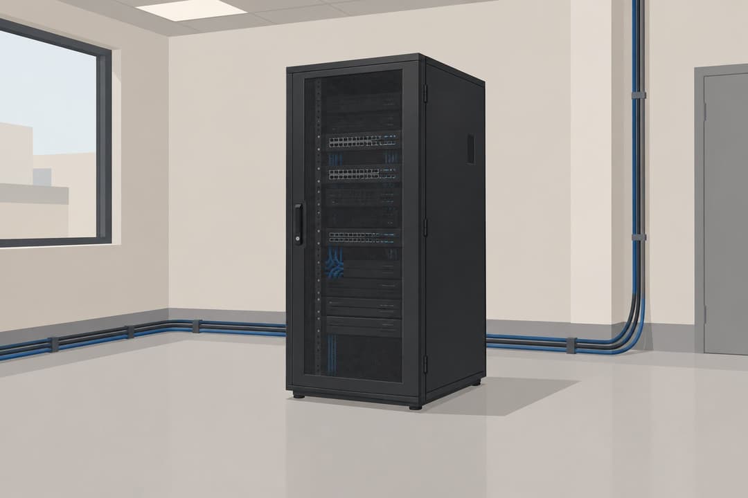 Armoire noire fermée posée dans une salle militaire vide et sobre.