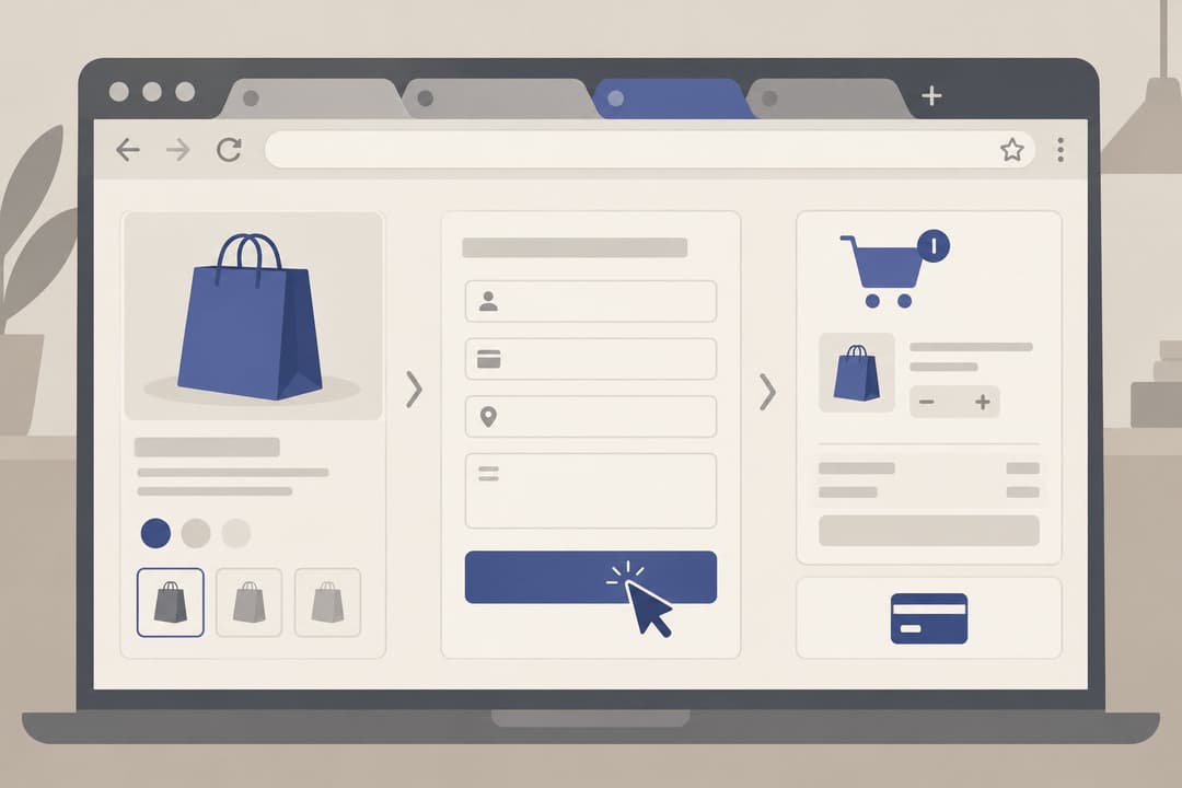 Navigateur web aux onglets multiples, curseur cliquant seul sur formulaire et paiement.
