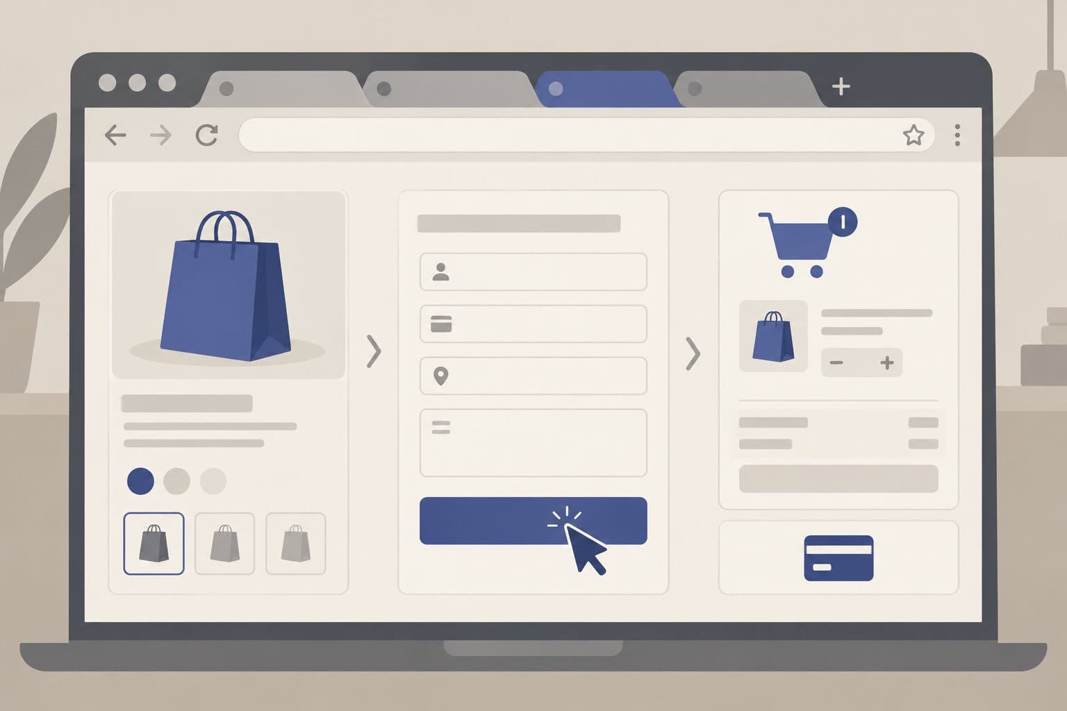 Navigateur web aux onglets multiples, curseur cliquant seul sur formulaire et paiement.