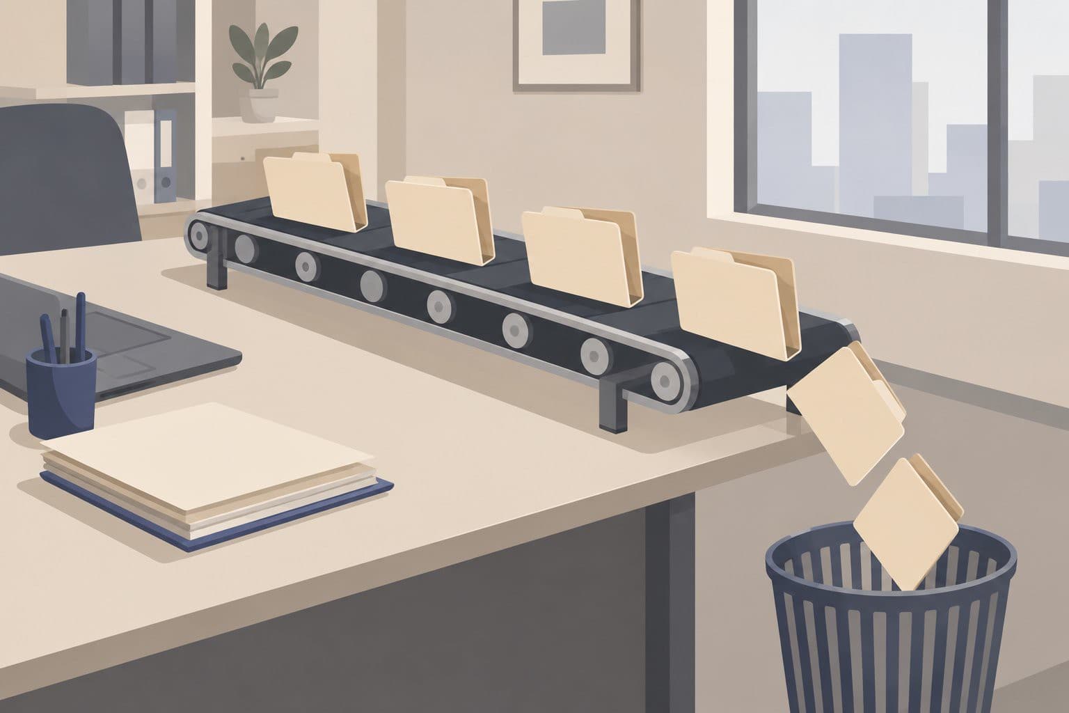 Tapis roulant de bureau laissant tomber des dossiers avant une corbeille vide.