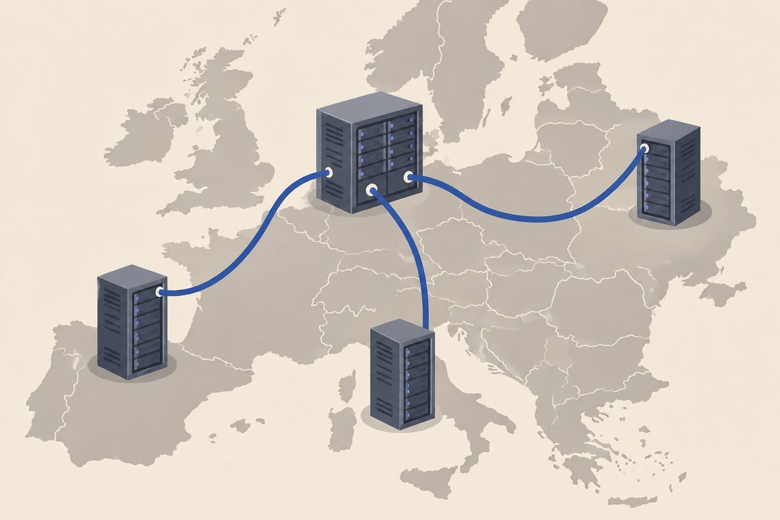 Trois câbles relient un serveur central à trois armoires informatiques sur une carte d'Europe.