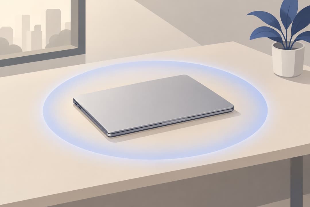 Ordinateur portable fermé entouré d'un halo doux sur un bureau vide.