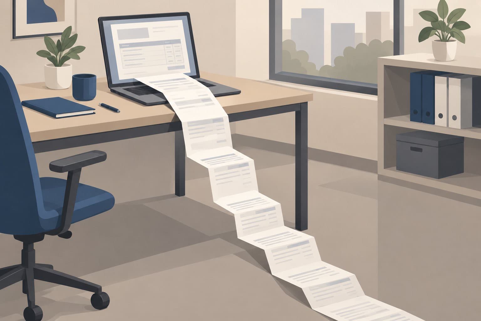 Facture en accordéon sans fin se déroulant depuis un ordinateur de bureau.