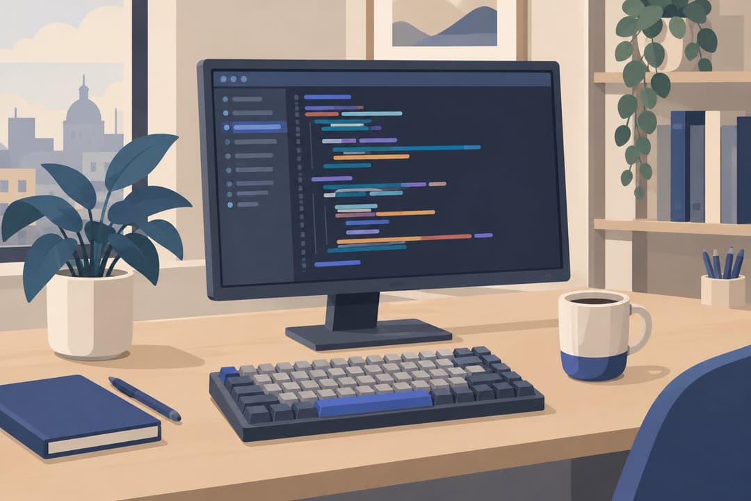 Écran d'ordinateur avec code coloré abstrait, tasse et clavier sur un bureau.