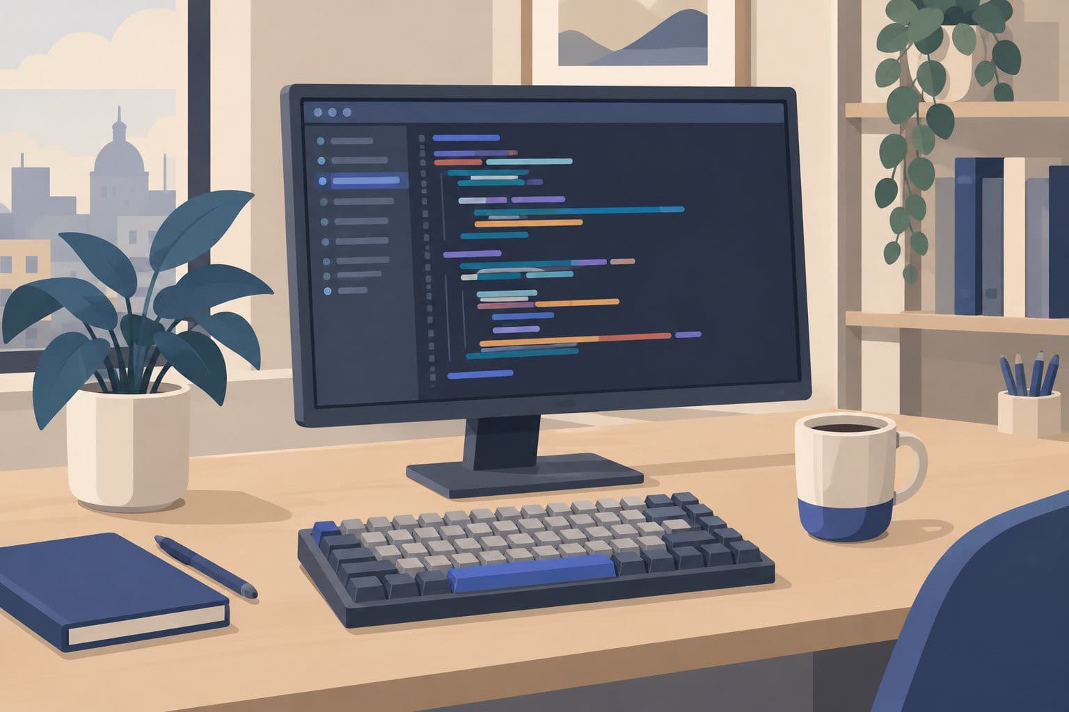 Écran d'ordinateur avec code coloré abstrait, tasse et clavier sur un bureau.