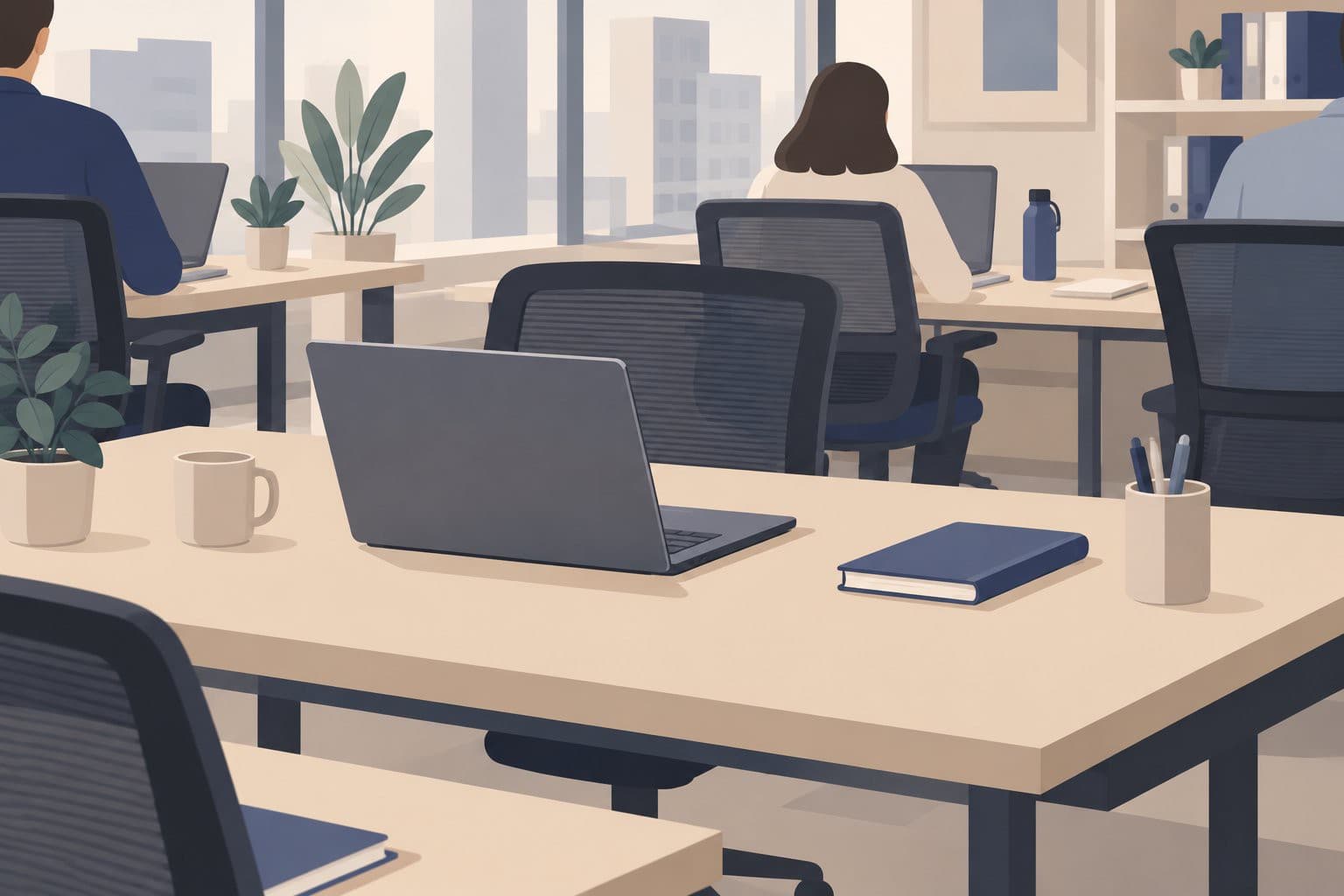 Poste de travail vide avec ordinateur portable parmi des chaises de bureau occupées.
