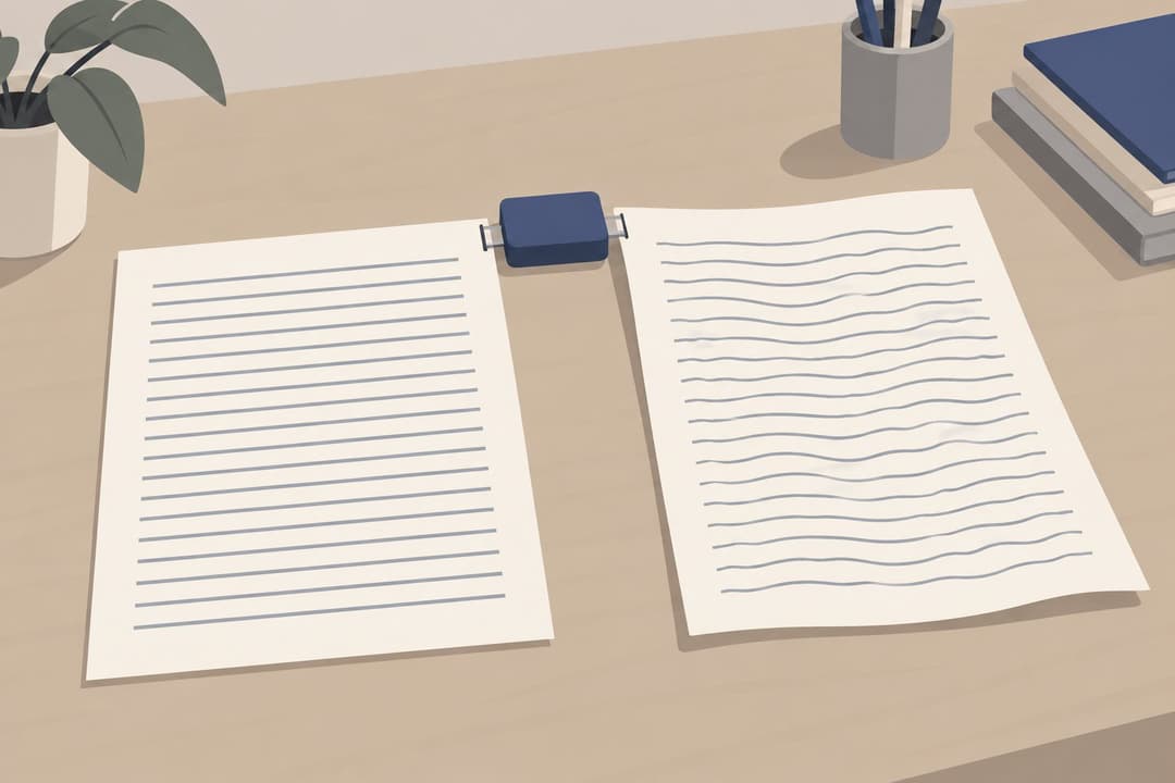 Deux feuilles de texte reliées par un boîtier, lignes régulières devenant irrégulières.