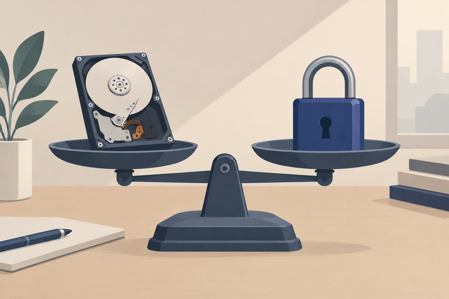Une balance entre un disque dur ouvert et un cadenas fermé sur un bureau.