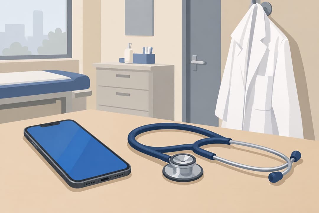 Un téléphone à écran bleu figé posé près d'une blouse blanche et d'un stéthoscope.