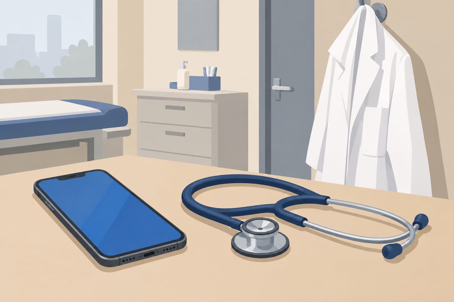 Un téléphone à écran bleu figé posé près d'une blouse blanche et d'un stéthoscope.