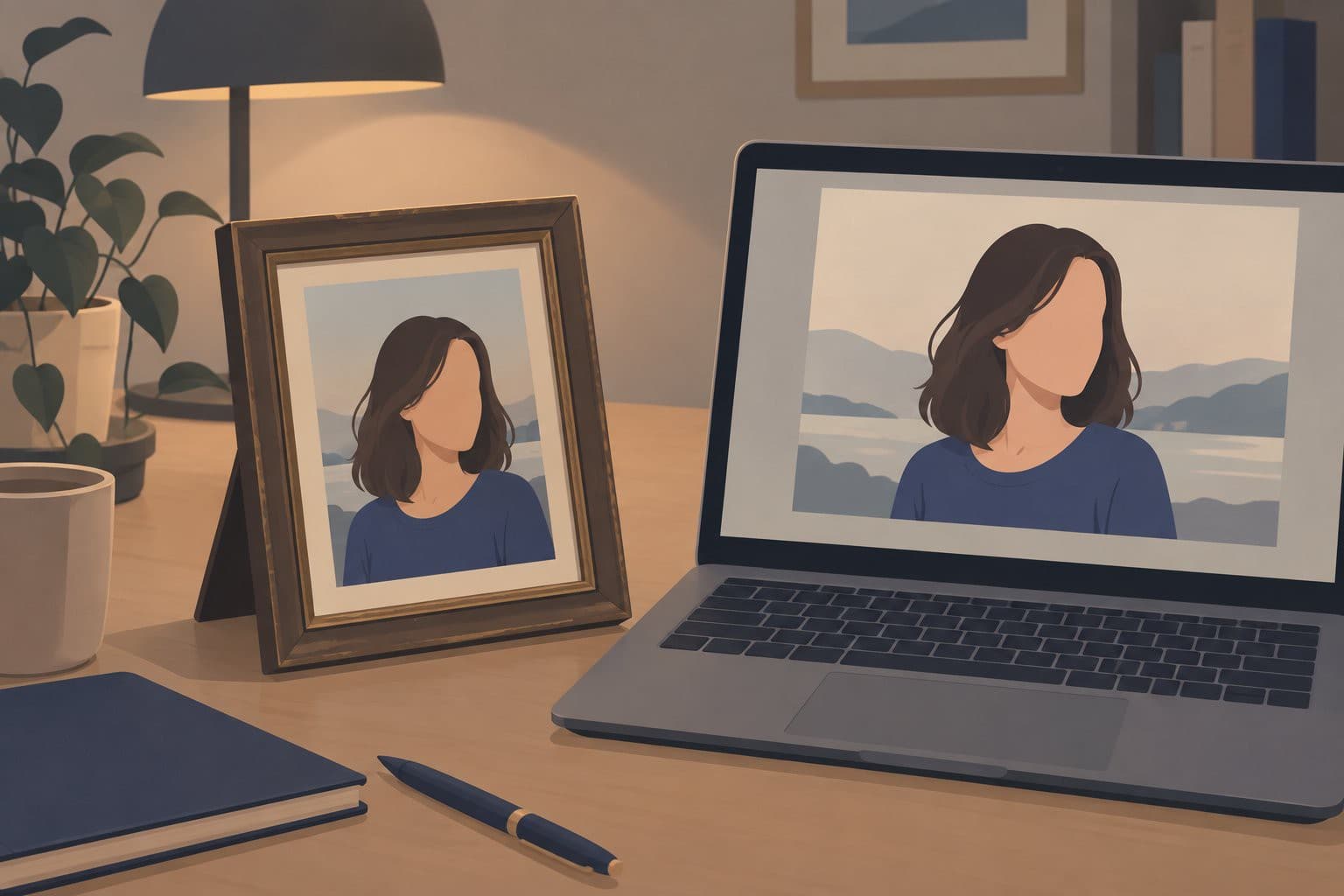 Cadre photo ancien près d'un écran montrant le même portrait animé.