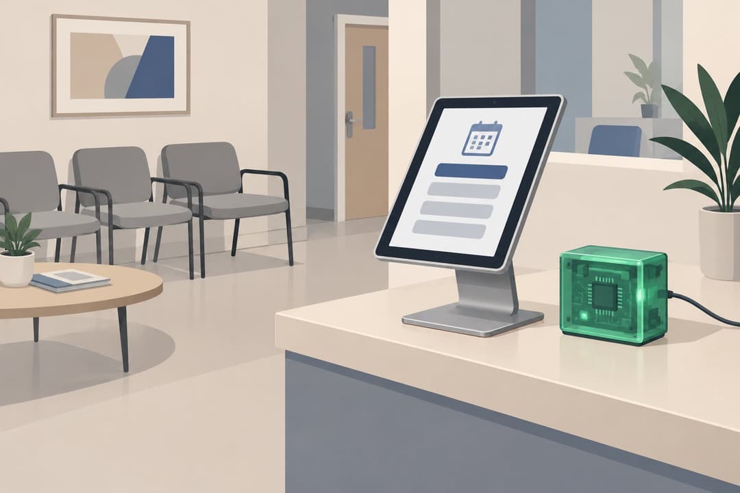 Tablette de rendez-vous médical posée près d'un boîtier électronique vert translucide.