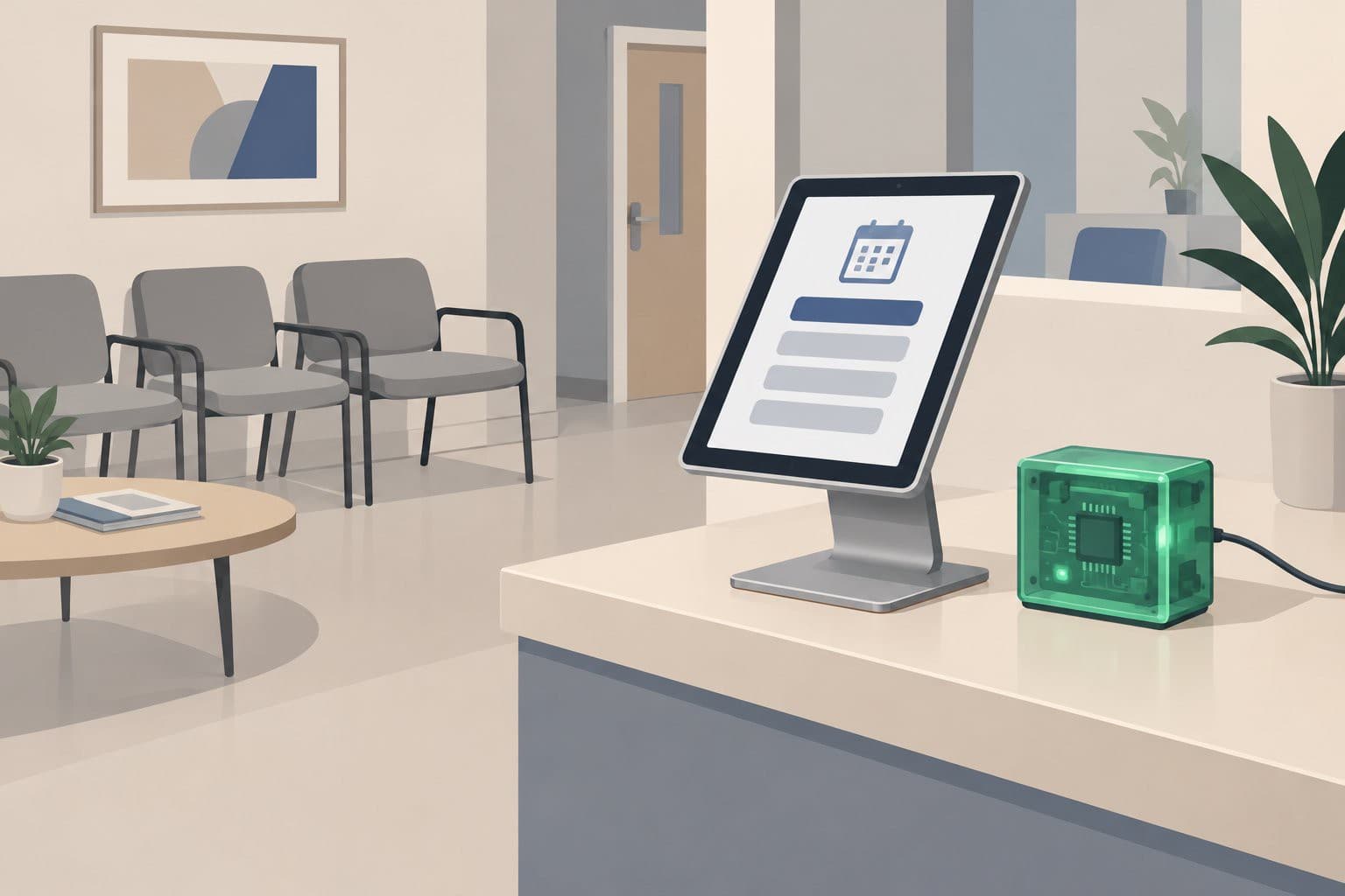 Tablette de rendez-vous médical posée près d'un boîtier électronique vert translucide.