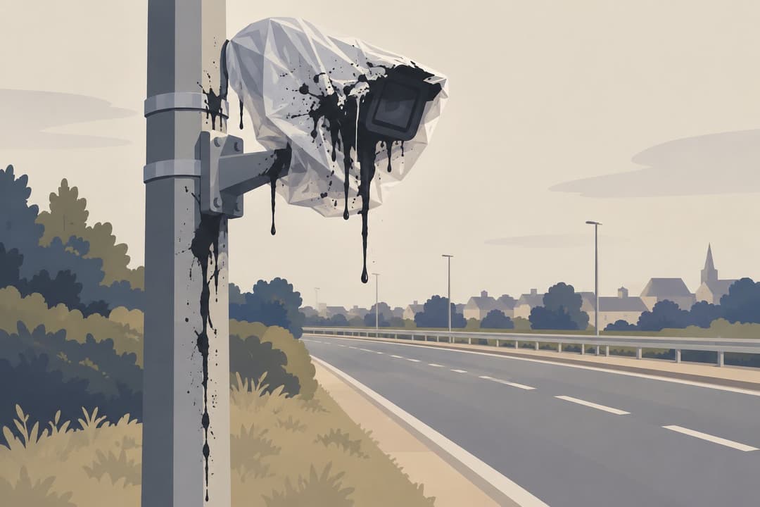 Caméra routière sur poteau, recouverte d'un sac plastique, maculée de peinture noire.
