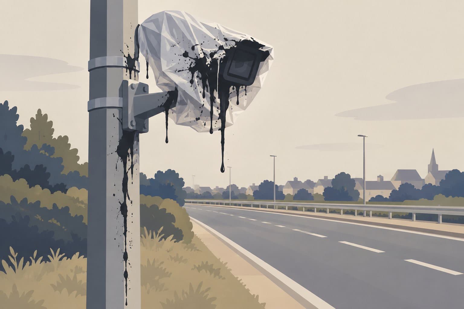 Caméra routière sur poteau, recouverte d'un sac plastique, maculée de peinture noire.