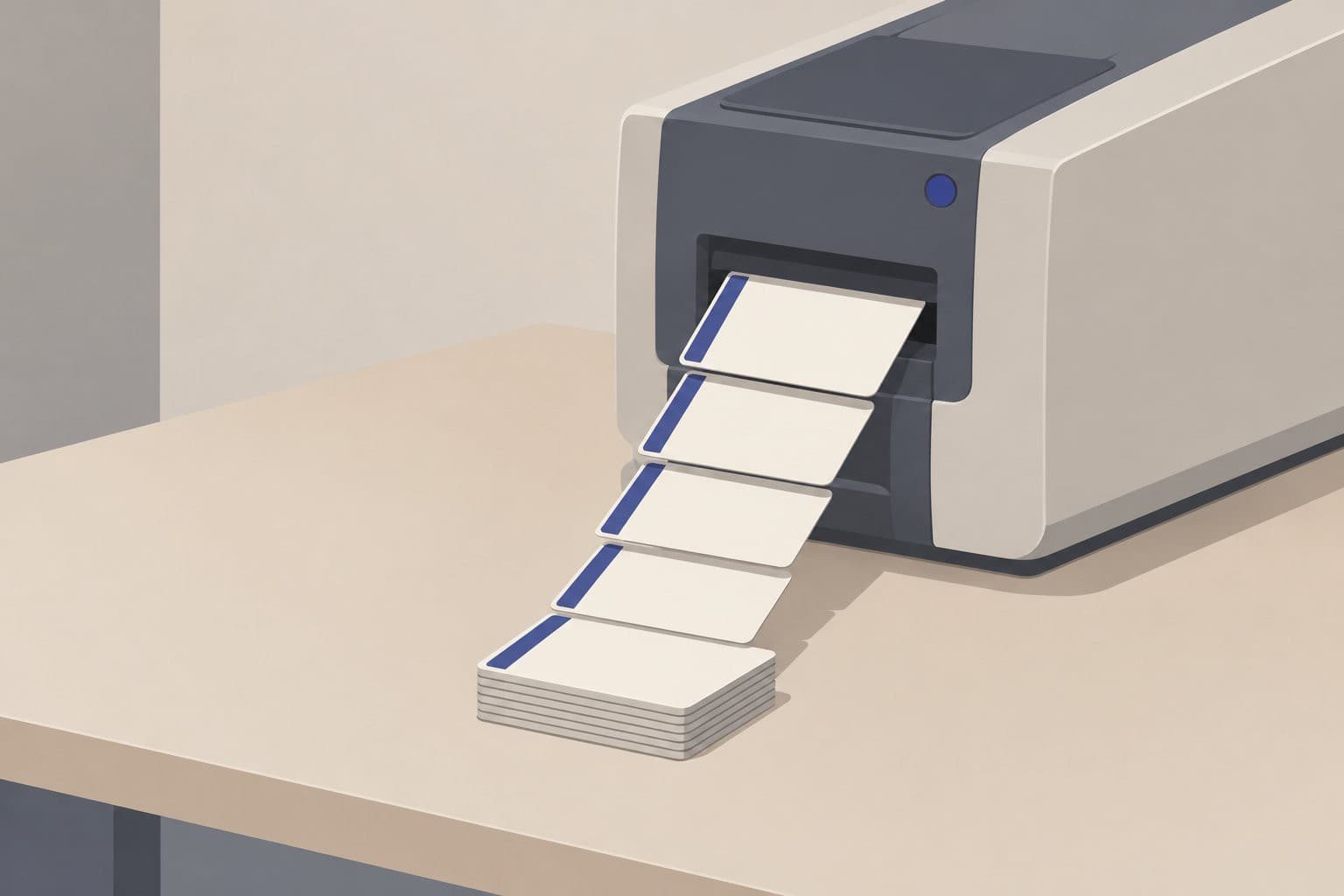 Des cartes d'articles identiques sortant en cascade d'une imprimante automatique.