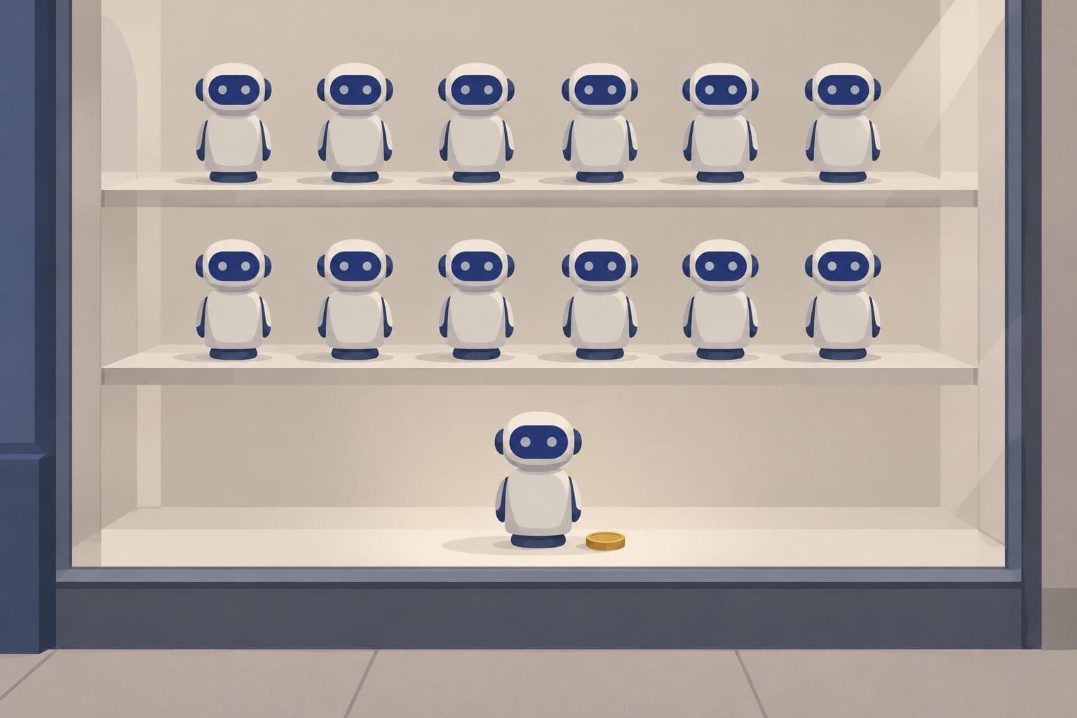 Rangées d'icônes de robots sur étagères, une pièce de monnaie devant une seule icône.