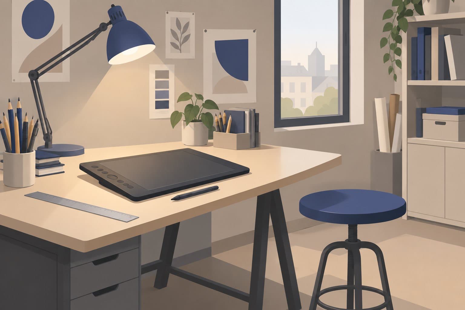 Bureau de graphiste vide avec tablette graphique éteinte et crayons rangés.