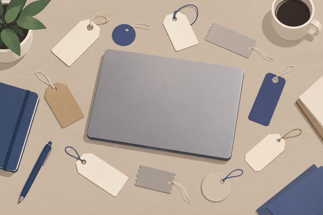 Étiquettes de prix éparses autour d'un ordinateur portable fermé, vue de dessus.