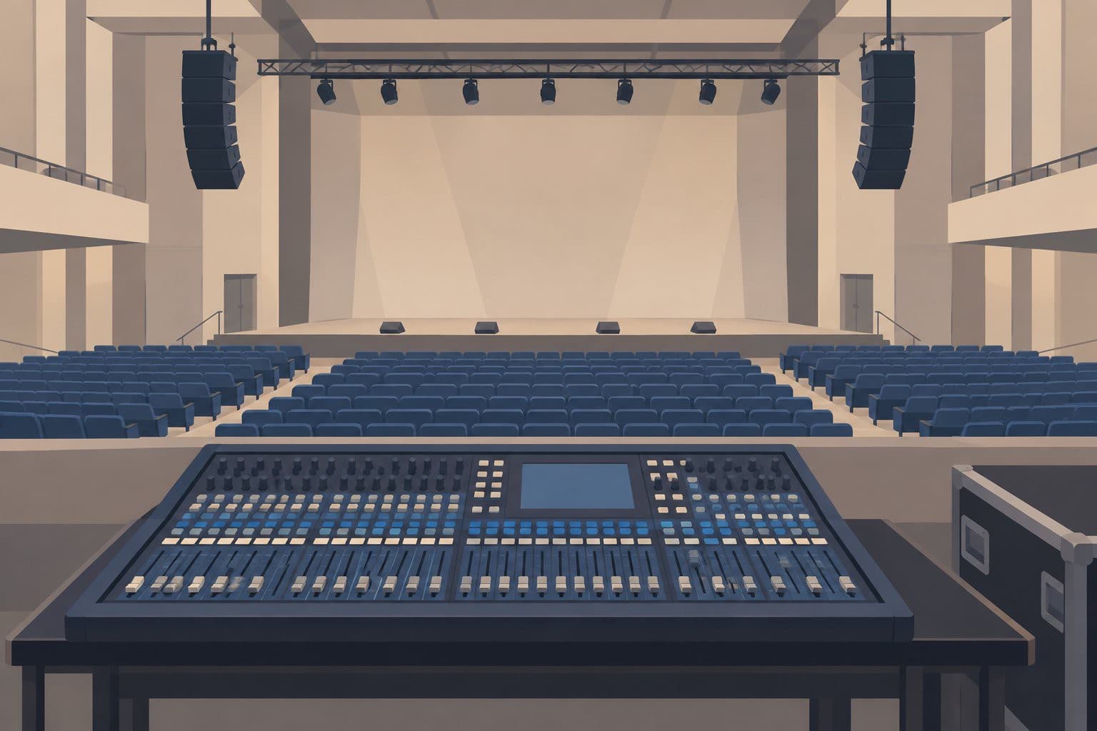 Console de mixage sur pupitre devant des gradins vides d'une salle de concert.