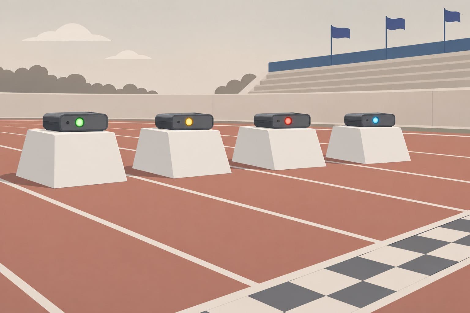 Quatre boîtiers électroniques colorés alignés sur une piste de course.