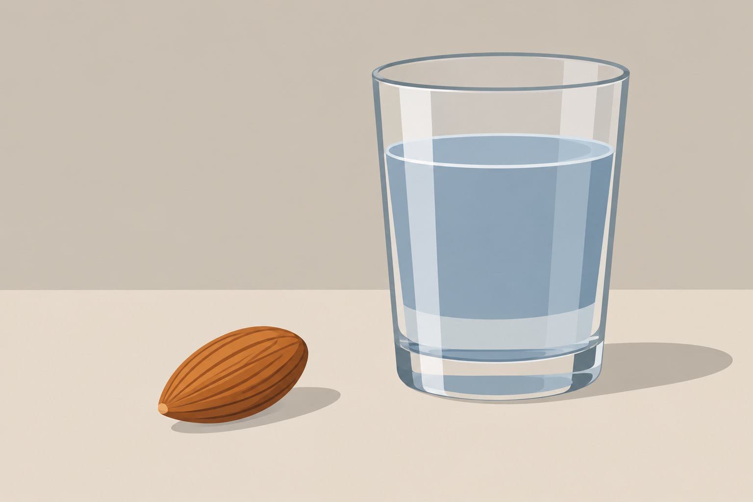 Une amande posée près d'un verre d'eau, sur fond neutre.