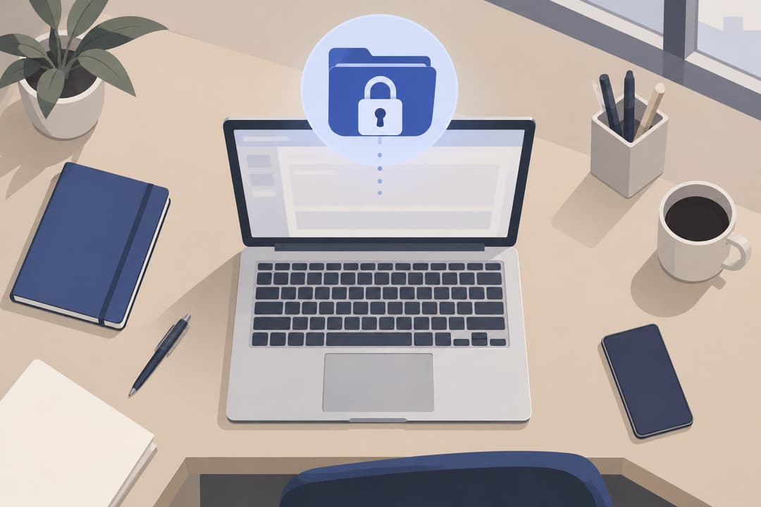 Ordinateur de bureau avec un cadenas au-dessus d'un dossier flottant.
