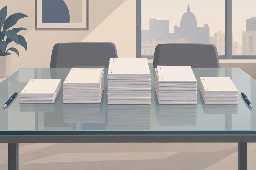 Cinq piles de documents agrafés entre deux stylos sur une table de verre.