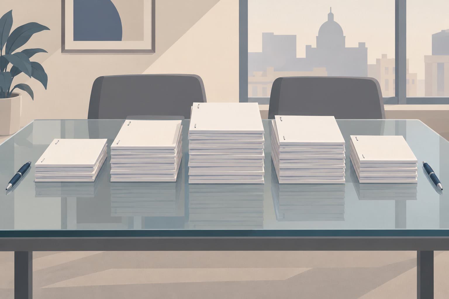 Cinq piles de documents agrafés entre deux stylos sur une table de verre.