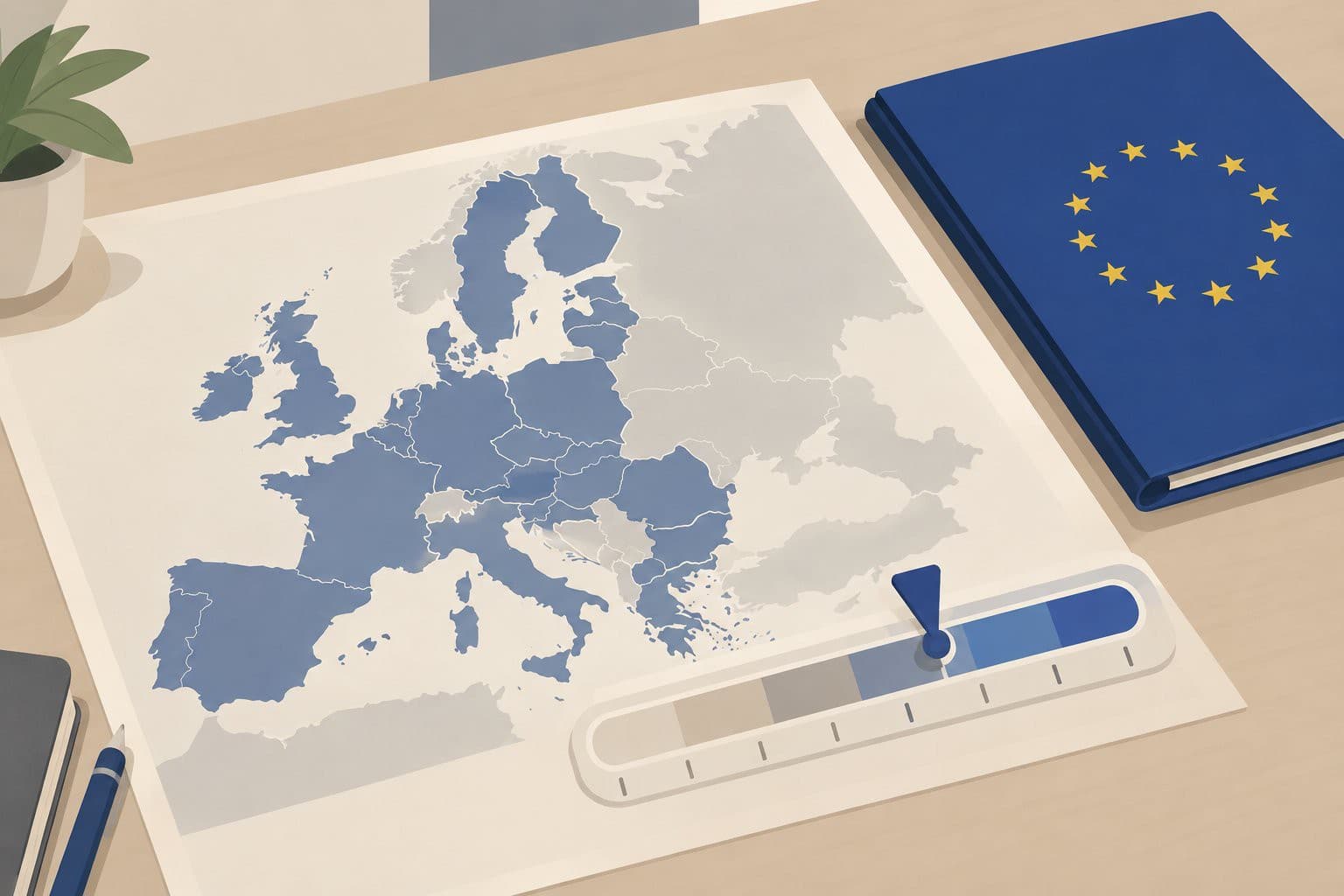 Carte d'Europe avec jauge de seuil et dossier étoilé bleu.